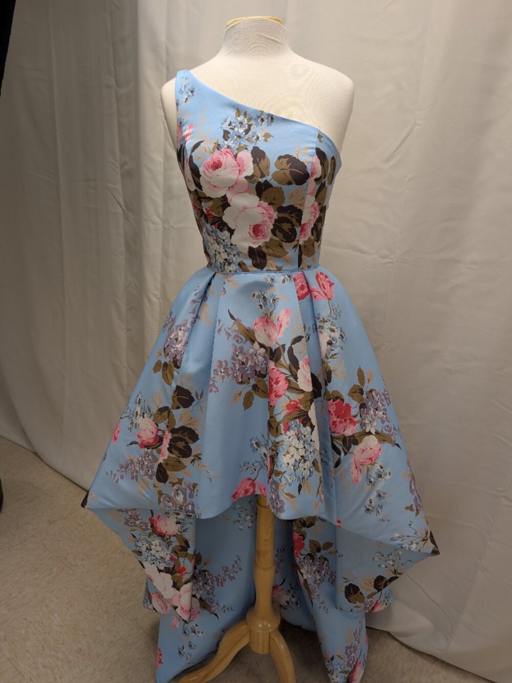 Sherri Hill Blue One-shoulder floral print taffeta high-low Party Dress Size 8 - Picture 2 of 5
